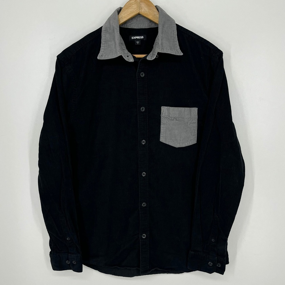 Express Mens Corduroy Button Up Shirt Black Grey Colorblock Long Sleeve Size M